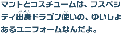 マントとコスチュームは、フスベシティ出身ドラゴン使いの、ゆうしょあるユニフォームなんだよ。