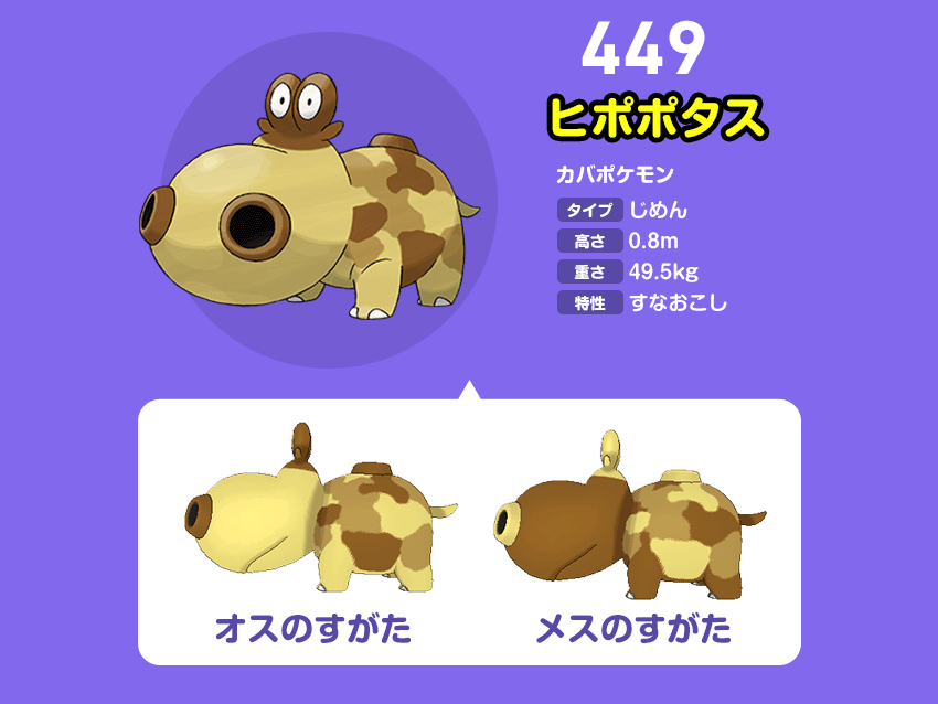 オスとメスで姿が違うポケモン ヒポポタス カバルドン とじる 乾燥した砂漠などに生息しているポケモン オスは体の色が薄い茶色のものが多く メスは体の色が濃い茶色のものが多い ポケットモンスター ウルトラサン ウルトラムーン より