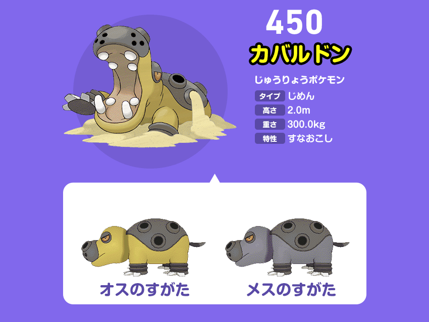 オスとメスで姿が違うポケモン ヒポポタス カバルドン とじる 乾燥した砂漠などに生息しているポケモン オスは体の色が薄い茶色のものが多く メスは体の色が濃い茶色のものが多い ポケットモンスター ウルトラサン ウルトラムーン より