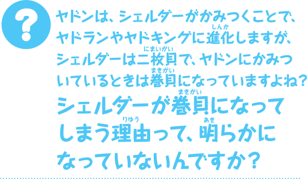 ヤドンは、シェルダーがかみつくことで、ヤドランやヤドキングに進化しますが、シェルダーは二枚貝で、ヤドンにかみついているときは巻貝になっていますよね？ シェルダーが巻貝になってしまう理由って、明らかになっていないんですか？